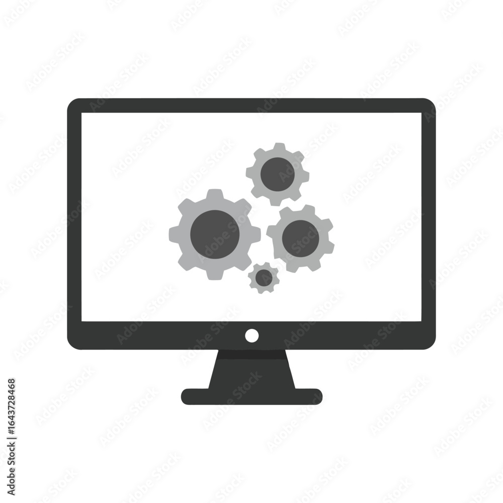 Poster computer monitor with gears vector, system settings, software development, and technology graphic