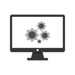 Computer Monitor with Gears Vector, System Settings, Software Development, and Technology Graphic