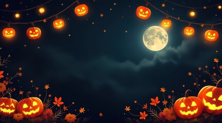 Halloween night with glowing pumpkins and full moon for festive celebration