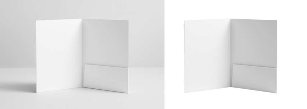Blank white vertical folder mockup with inside pocket, isolated on transparent background and on neutral surface, clean minimal design for branding and presentation templates