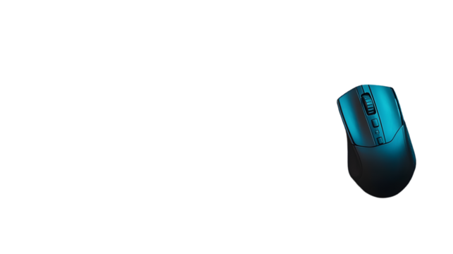 Close up of a glowing blue computer mouse on a black background showing the buttons and scroll wheel