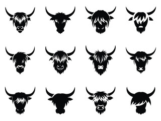 Highland Cow Head Icon Set Black Vector Silhouettes