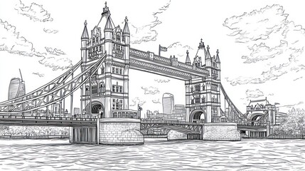 Obraz premium London Tower Bridge sketch, city skyline, travel, tourism, illustration