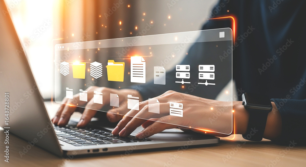Poster person typing on a laptop with digital file management interface overlayed on the screen view