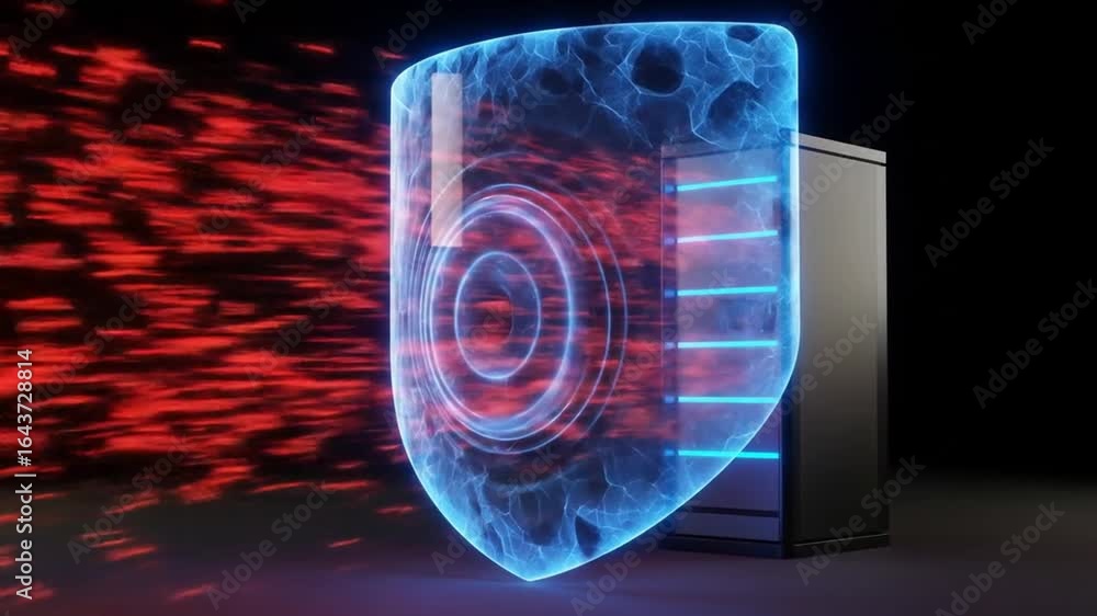 Aufkleber futuristic blue shield protecting server in dark background with red particle effects cyber security