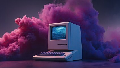 Retro computer with pink smoke