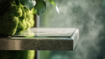 Minimalist podium with natural textures and condensation details. Close-up of matte stone surface with moss, dewdrops, and soft ethereal light. Ideal for organic products and clean editorial design.