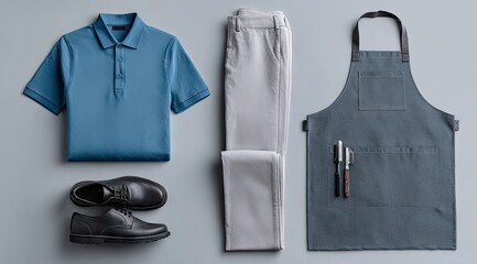 Flatlay showcasing a teal polo shirt, light grey trousers, black oxfords, and a dark grey apron with writing utensils on a neutral background
