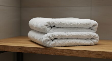 Stacked White Towels on Wooden Shelf in Bathroom with Neutral Tiles