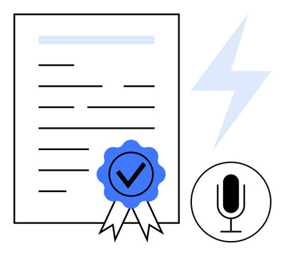 Certificate with blue ribbon checkmark, lightning bolt, and microphone icon. Ideal for certification, approval, authority, audio recording, energy, communication simple landing page