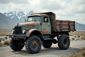 Obraz premium Old Dump Truck on a Dirt Road with Mountain Backdrop