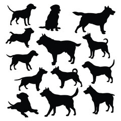 Set of diverse dog breed silhouettes in various poses, including sitting, standing, and running on white background.
