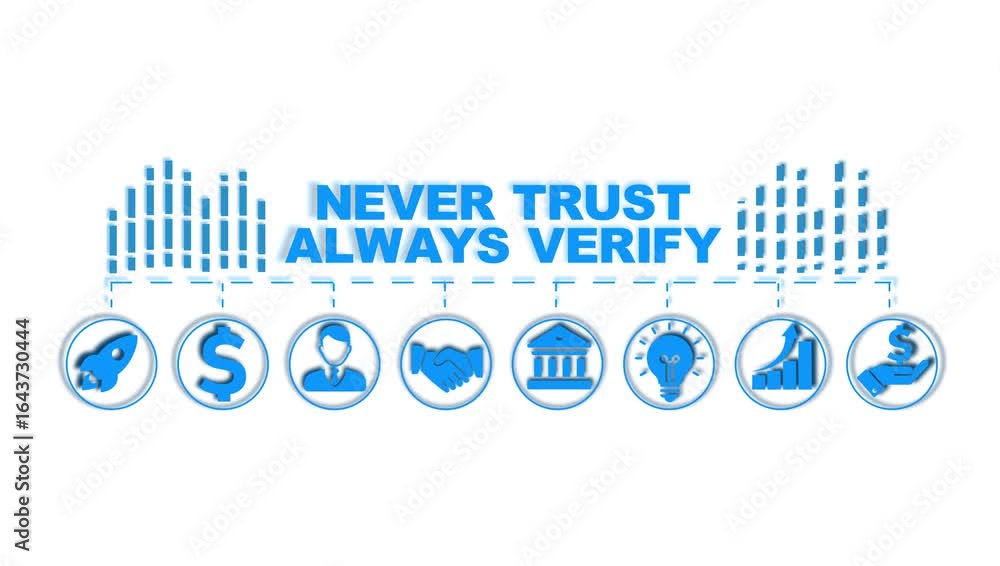 Poster never trust, always verify concept video icon set background. cybersecurity principle, often associa