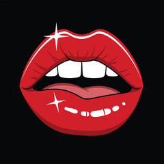 Glossy red lips with a seductive smile, sensual open mouth, and sparkling highlights on black background.