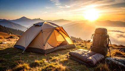 Mountain Camping Gear at Sunrise with Tent Backpack and Sleeping Bag.