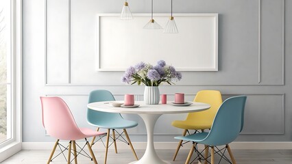 Modern dining set with colorful chairs and floral centerpiece in bright room