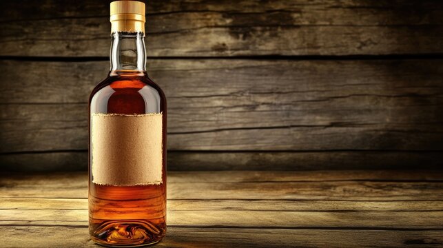 Amber liquid fills a clear glass bottle with a blank tan label, sitting on a rustic wooden surface against a weathered wood background
