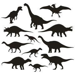 Set of various dinosaur silhouettes, including Tyrannosaurus Rex, Brachiosaurus, and Triceratops, on white background.