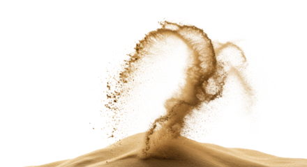 Light brown sand, distinct grains suspended mid-air, forming abstract flowing wave against white background, ultra-realistic, high-key lighting. Innovation and transformation concept.