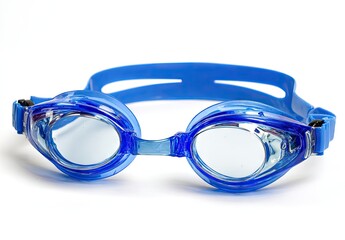 Bright blue swimming goggles with a flexible plastic strap, clear lenses, and a simple design, isolated on a white background