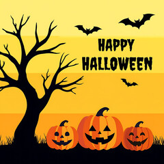 Halloween pumpkins and bats on striped orange and yellow background