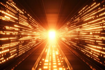 A digital corridor of warm orange light, glowing data streams converge towards a bright center, creating a sense of speed and depth within a dark, metallic environment