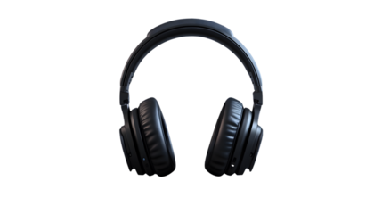 A pair of black over ear headphones centered on a black background with soft lighting on the earcups