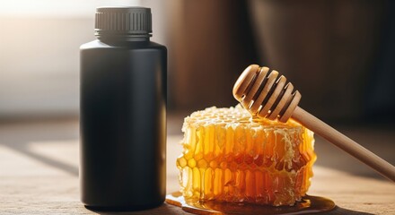 Black bottle mockup with fresh honeycomb and honey dipper