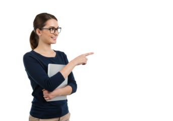 Young caucasian woman, mid-20s, brown hair, eyeglasses, smart-casual, holding tablet, pointing right on transparent studio background, concept of e-learning and corporate training