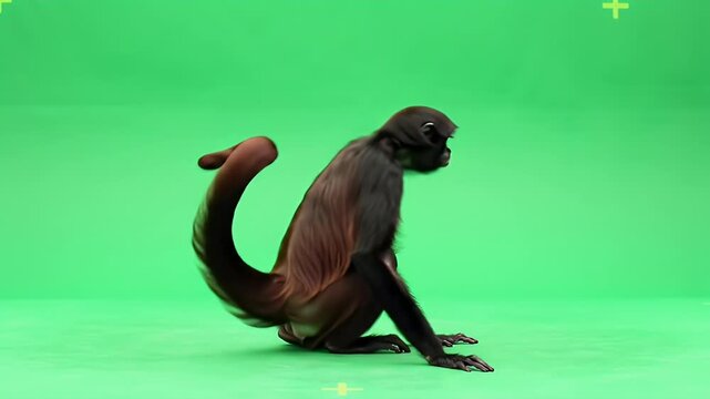 Dark-Furred Spider Monkey with Long Tail Sitting on Green Screen Studio Background, Ready for Compositing and Visual Effects
