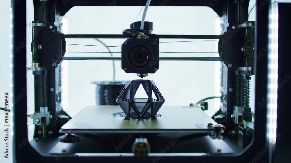 Poster modern 3d printer rapidly building intricate geometric model layer by layer, showcasing advanced add