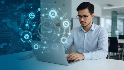 Man working on laptop with glowing digital network overlay