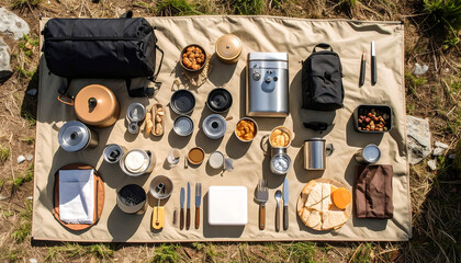 Outdoor Camping Picnic Set with Utensils and Food.