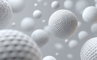 Floating textured white spheres of varying sizes and patterns against a muted grey backdrop, creating a three-dimensional abstract design