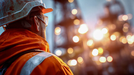 Industrial worker in protective clothing looking over a large construction or manufacturing site with focus and attention to safety