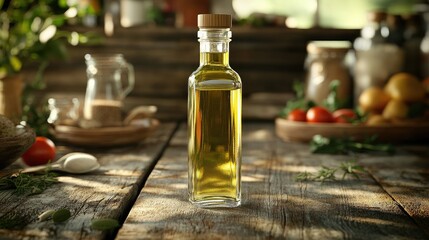A clear glass bottle of golden oil sits center on a rustic wooden table, bathed in sunlight.  Surrounding it are various kitchen ingredients and utensils, creating a warm, inviting, 