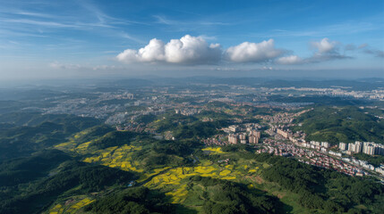 Obraz premium breathtaking aerial view captures seamless blend of lush natural landscapes and urban architecture showcasing