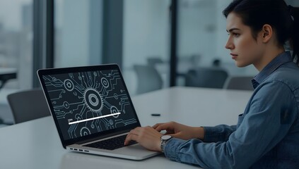 Woman working on laptop with futuristic data visualization