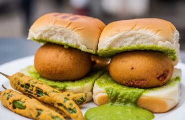 Crispy vada nestled in toasted pav buns with green chutney and fried chilies, classic Indian street food displayed with vibrant textures