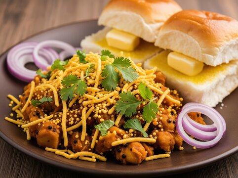 Rustic Misal Pav with spicy lentil mix, farsan topping and fresh herbs, served with buttered buns