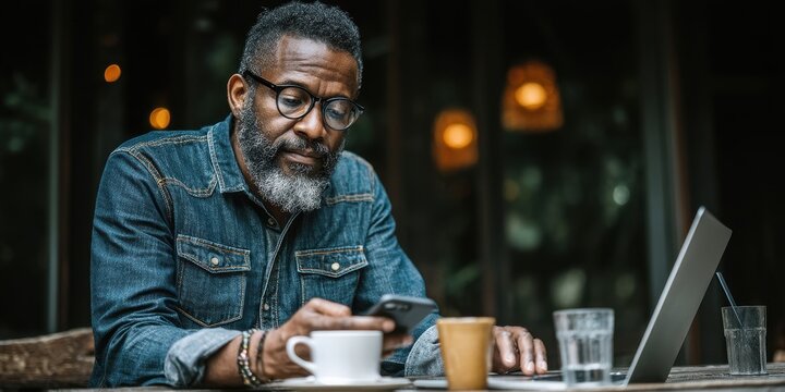 Cybersecurity for seniors concept. Focused man using smartphone at a cozy café table.