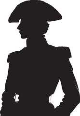 A black silhouette of a 1800 russia fashion man wearing a tricorn hat and what appears to be a military-style jacket, standing in profile view with hands clasped in front.