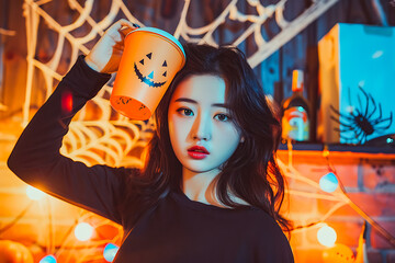 Asian woman holding a jack o’ lantern pumpkin on her head with Halloween decorations, spiders, and cobweb background. Perfect for spooky holiday, autumn, and festive design.