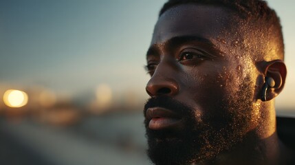 Sweaty african american man after workout with wireless earbuds fitness and healthy lifestyle concept portrait