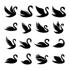 A collection of elegant black swan silhouettes in various poses and artistic styles, minimalist vector illustrations, swans with graceful curved necks.