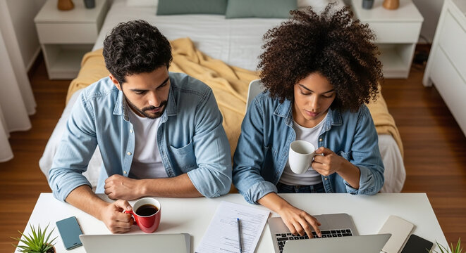 Couple working from home on laptops with coffee cups sitting at a table in front of their bed