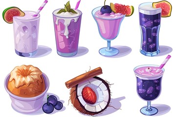 Vibrant Purple Fruit Smoothies, Dessert, and Coconut; Cartoon Style; Sweet Mood