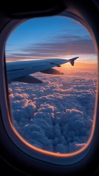View from airplane window showing wing over clouds at sunrise, capturing the beauty and serenity of air travel above the horizon