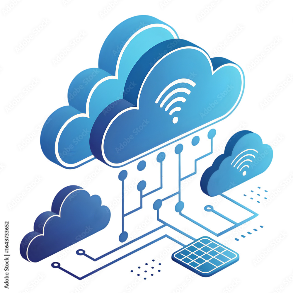 Poster blue cloud network connection with wifi symbols and circuit board isolated on a transparent backgrou