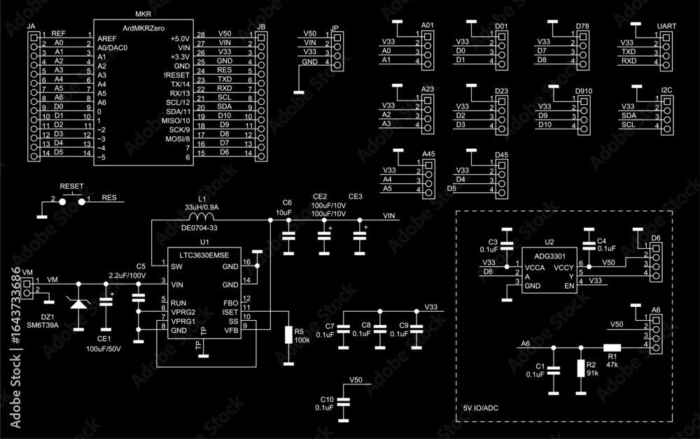 Poster schematic diagram of electronic device on paper sheet. vector drawing electrical circuit with connec